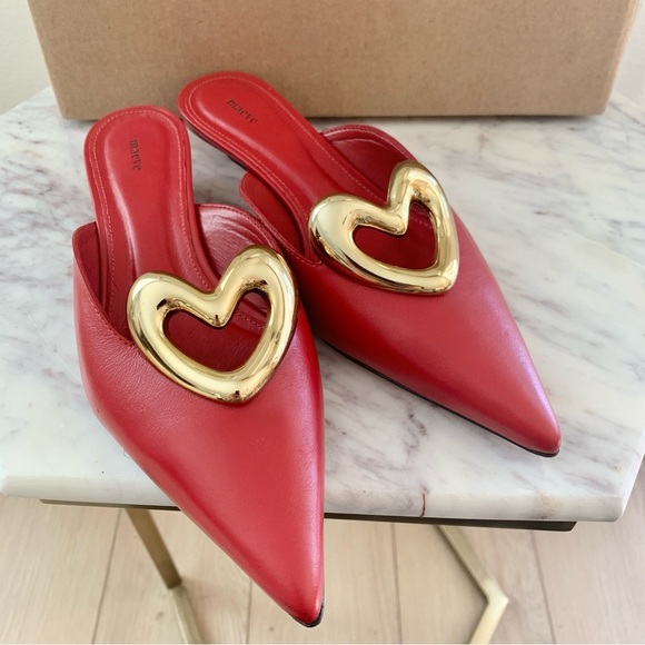 ❤️ ANTHROPOLOGIE Maeve Red Gold Heart Mule Kitten Heels Genuine Leather - Picture 4 of 12